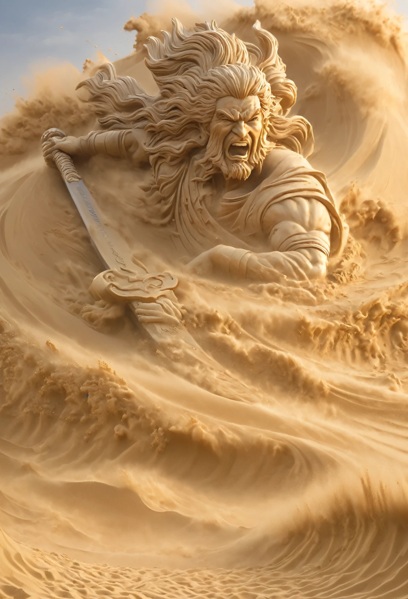 masterpiece, best quality, extremely detailed, hyperrealistic, photorealistic, big sword of sand sculpture, sand storm, strong wind, wave