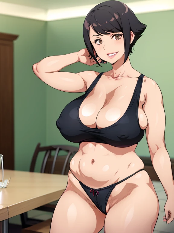 sexy woman, mature milf, huge breasts, large breasts, curvy, voluptuous, black hair (side bangs), brown eyes, tomboy pixie cut hairstyle, tanktop (neckline, navel and stomach), thong, grinning, dynamic pose, solo focus, dinning room, house interior, indoor, art by joy ride