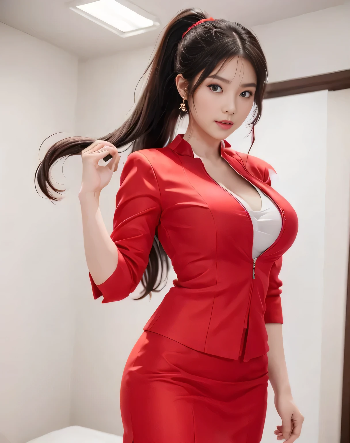 AirAsia red jacket uniform、Long hair down to the legs、Dark brown hair、Hair tied up、Tie your hair back in a ponytail、ponytail、Red rubber band、Luxury earrings、Captivating look、Blue Eyes、22 year old Asian female