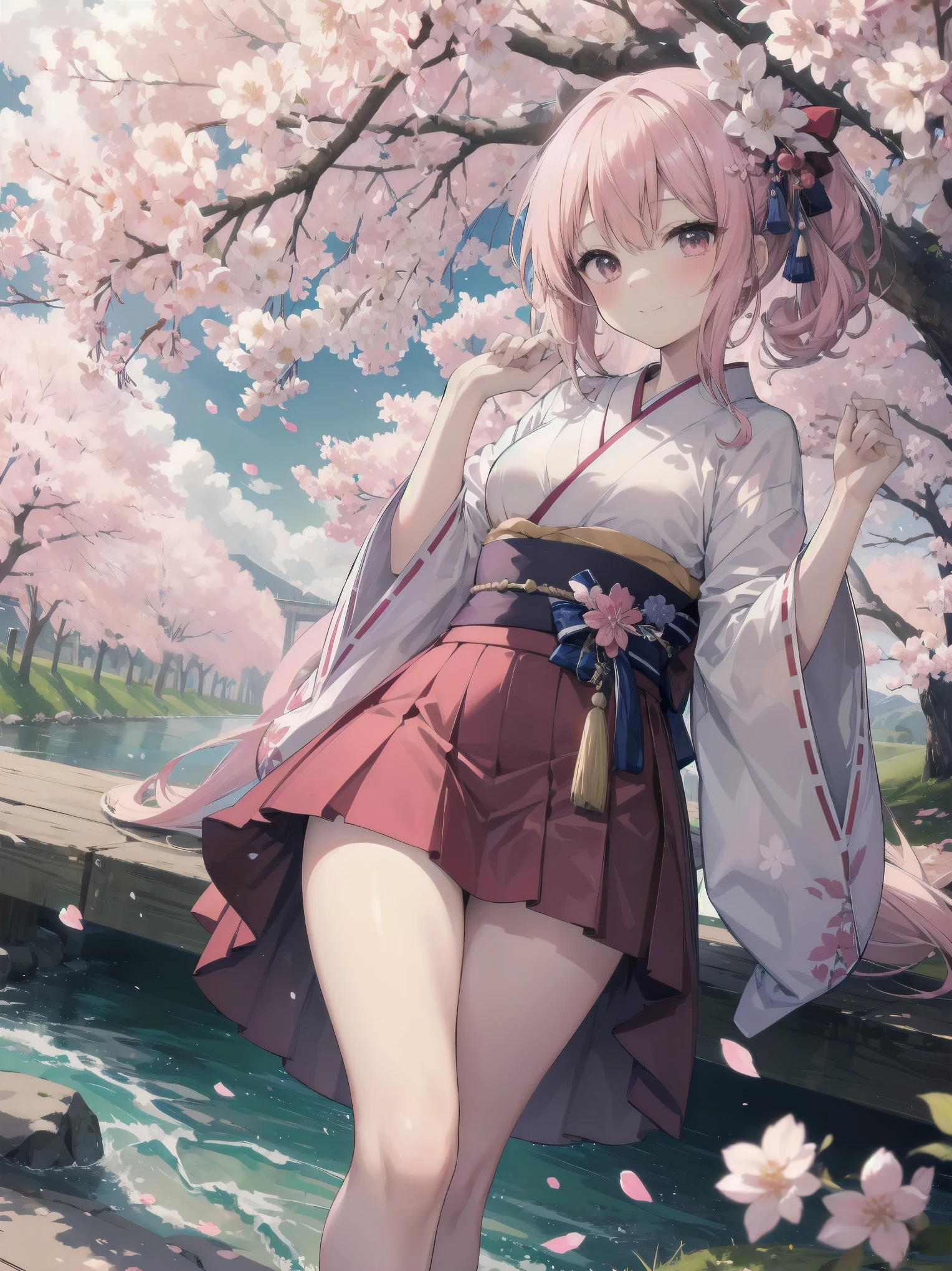 (Spring cherry blossoms and a woman、Long-sleeved kimono、Fluttering cherry blossom petals、walk along the riverside)
Spring by the river、Long-sleeved kimonoを纏った女性がFluttering cherry blossom petalsの中をゆっくりと歩いている。彼女のLong-sleeved kimonoが風に揺れ、Cherry blossom petals fly up around it。The sound of the river quietly echoes.、Her smile is shining brighter with the cherry blossom petals.。Long-sleeved kimonoの鮮やかな色が桜のピンクと調和し、Creating a beautiful spring scene。