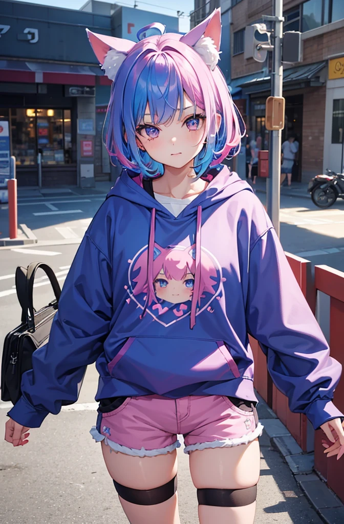 1girl, , girl/female/woman, beautiful girl, short blue hair with pink highlights, blue hair, detailed blue hair, pink highlights in hair, pink eyes, detailed eyes, perfect eyes, female figure, wearing shorts, casual sport shorts women, running cotton shorts women, hoodie, hoodie for woman, cute, cute girl, cat ears, she has cute cat ears, perfect image, 4k image, high resolution, best image, high quality, best image ever, masterpiece