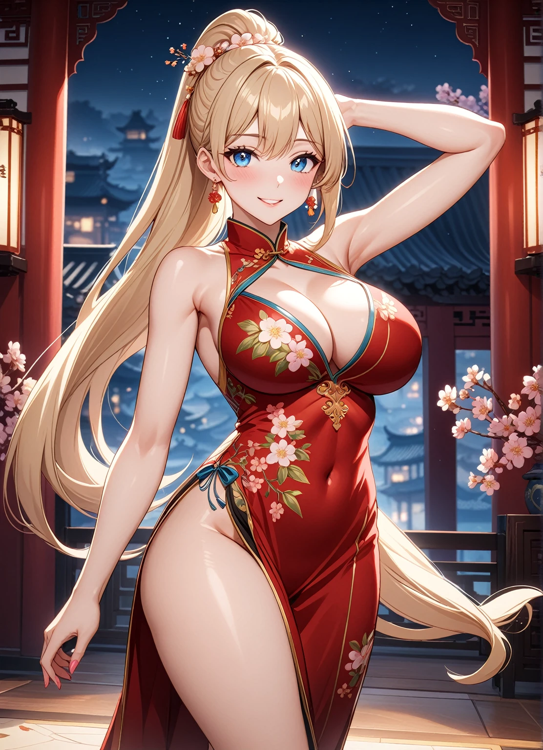 ((One girl)), Pear Blossom,Beautiful Face,A happy look,Blushing,smile,Glossy Lips,Abstract, night,Chinese court, ((Anime style background)),masterpiece, highest quality, so beautiful, Absurd, up to date, Complex details, Pink long nails,AI-generated, Complex,High resolution, highest quality, super high quality,3D Images、View the viewers、3D Images,one person,Long Blonde Hair,High Ponytail,blue eyes,Anime woman posing for a photo, [[Fine grain、Colorful eyes、Shining Eyes:1.15]],(Squint your eyes:1.1),a hyper realistic , Blonde anime woman with long hair, Smooth anime CG art, Beautiful Chinese court lady, Chinese court costume,Gold embroidered floral dress,Flower Hair Ornaments,Earrings,(Large Breasts:1.4),Mature Body,tall,Big Ass,Fine details,Abdominal muscles,Tilt your face,dance