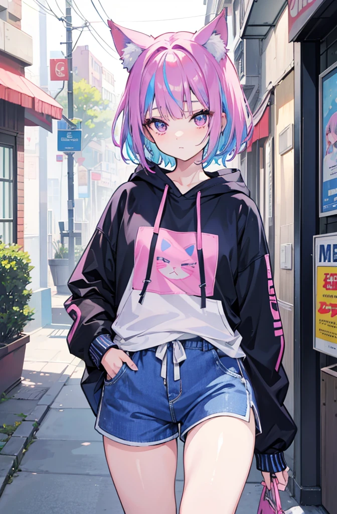 1girl, 12 year old, girl/female/woman, beautiful girl, short blue hair with pink highlights, blue hair, detailed blue hair, pink highlights in hair, pink eyes, detailed eyes, perfect eyes, female figure, wearing shorts, casual sport shorts women, running cotton shorts women, hoodie, hoodie for woman, cute, cute girl, cat ears, she has cute cat ears, perfect image, 4k image, high resolution, best image, high quality, best image ever, masterpiece
