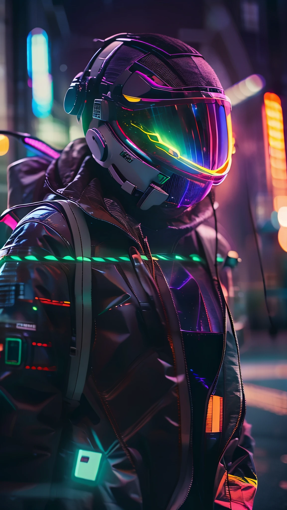 (good structure),high dynamic range,ultra high definition,8k,1 girl,blurred background,cyberpunk protective clothing,cyberpunk protective helmet,Glowing helmet,Neon lamp,neon color,oblique body,night,Mask screen reflections,depth of field,Upper body,cyberpunk,ground vehicle,lamp,neon lamp,pilot suit,alone
