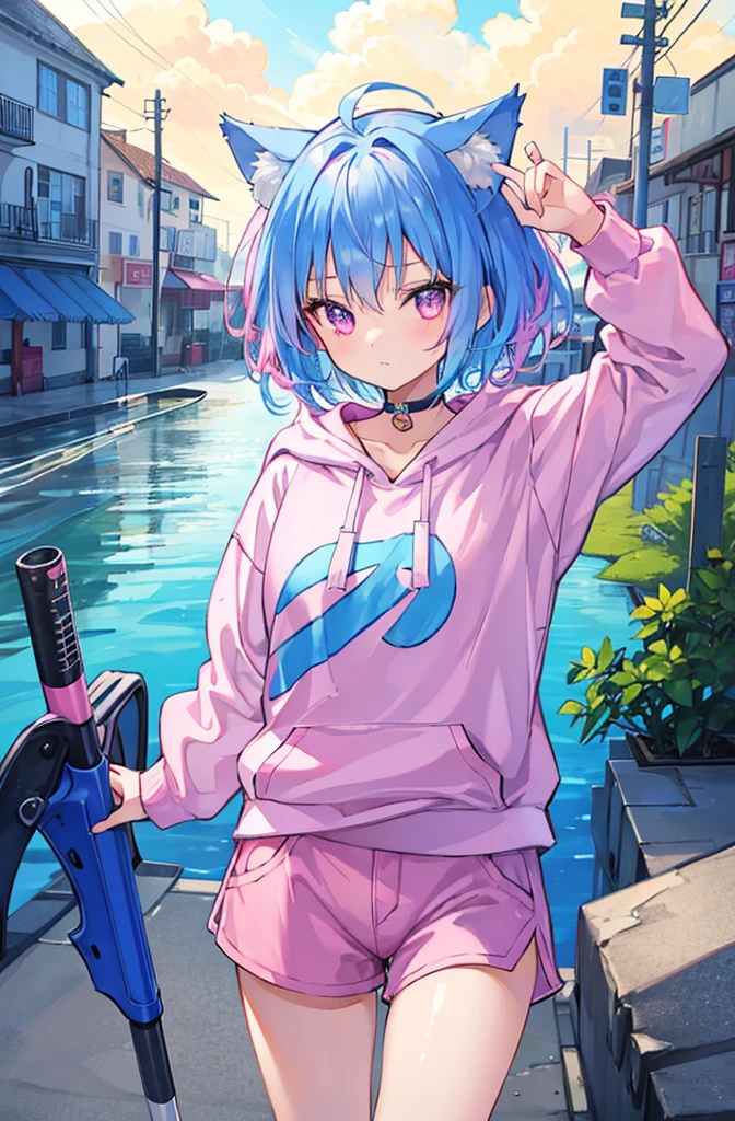 1girl, , girl/female/woman, beautiful girl, short blue hair with pink highlights, blue hair, detailed blue hair, pink highlights in hair, pink eyes, detailed eyes, perfect eyes, female figure, wearing shorts, casual sport shorts women, running cotton shorts women, hoodie, hoodie for woman, cute, cute girl, cat ears, she has cute cat ears, perfect image, 4k image, high resolution, best image, high quality, best image ever, masterpiece