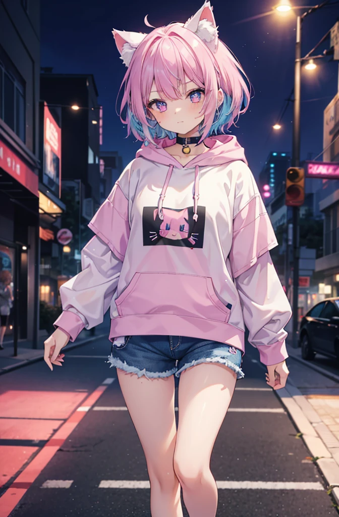 1girl, , girl/female/woman, beautiful girl, short blue hair with pink highlights, blue hair, detailed blue hair, pink highlights in hair, pink eyes, detailed eyes, perfect eyes, female figure, wearing shorts, casual sport shorts women, running cotton shorts women, hoodie, hoodie for woman, cute, cute girl, cat ears, she has cute cat ears, perfect image, 4k image, high resolution, best image, high quality, best image ever, masterpiece