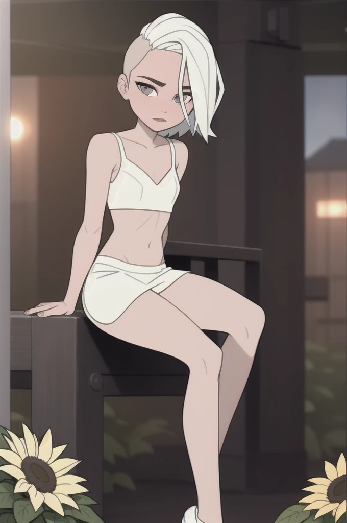 (dark theme:0.6), Glucose, 1 Girl, mature face, One, short hair, in a white bra, wearing white skirt, sexuality, Long legs, sexy legs, High growth, summer day, Sun, Flower Garden, wound, 1.2), White hair, pomade, decrease,  I look at the viewer, grey eyes, Sharp image, crop top, (HDR:1.22), bright acid colors, complex background, Hyper detailed, art [[Jordan Grimmer]]