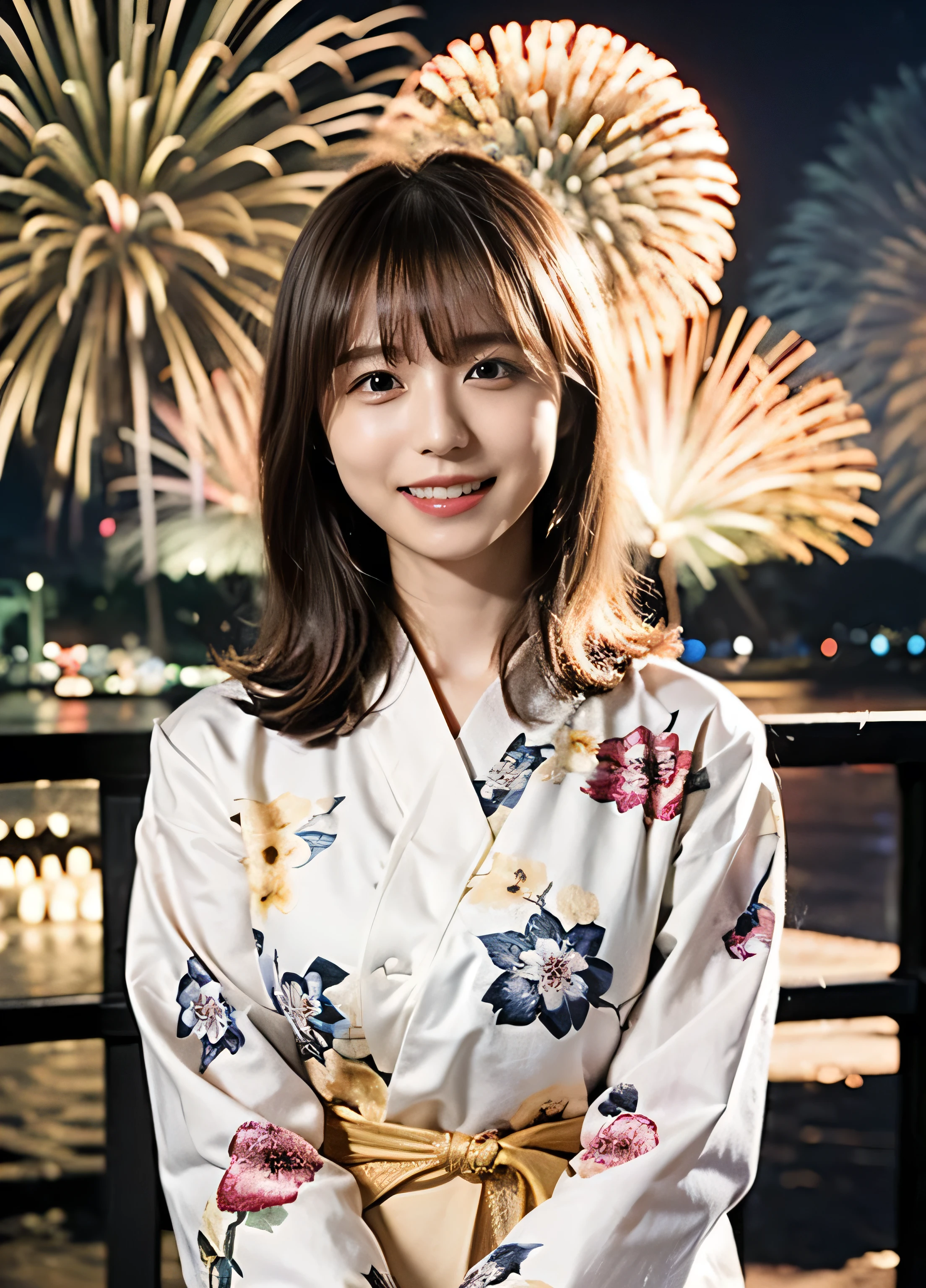 Dark beige hair color、（Fireworks over the sea、歯の見えるA lovely smile、Fireworks fly over the port town、Fireworks at night:1.4）.Traditional Japanese sky blue yukata with pink floral pattern、I&#39;m at the seaside fireworks festival.、Cute hair accessories、Wearing a cute yukata 、Fireworks display at night、illumination、Background Blur、Braid only the front hair、Light brown hair、｛｛Cowgirl Shot｝｝、（（Large breasts:1.4））、Breast swelling、Large breasts、Smile、Large breasts that can be seen even through the yukata、Braid only the front hair、Wearing a yukata elegantly、A lovely smile、（（I&#39;m at the Minatomachi Fireworks Festival.））、Full body photo、ring、High-class yukata、Tuck your hair behind one ear、Silver Necklace、smile、 Elegant ponytail、Caustics、Highly detailed photos、Very beautiful and ideal short hair、Large breasts、Super no makeup、(8k、RAW Photos、highest quality、masterpiece:1.2)、(Realistic、Realistic)、1 girl、((Medium Short Hair、Looking into the camera:1.4))、Hair blowing in the wind

