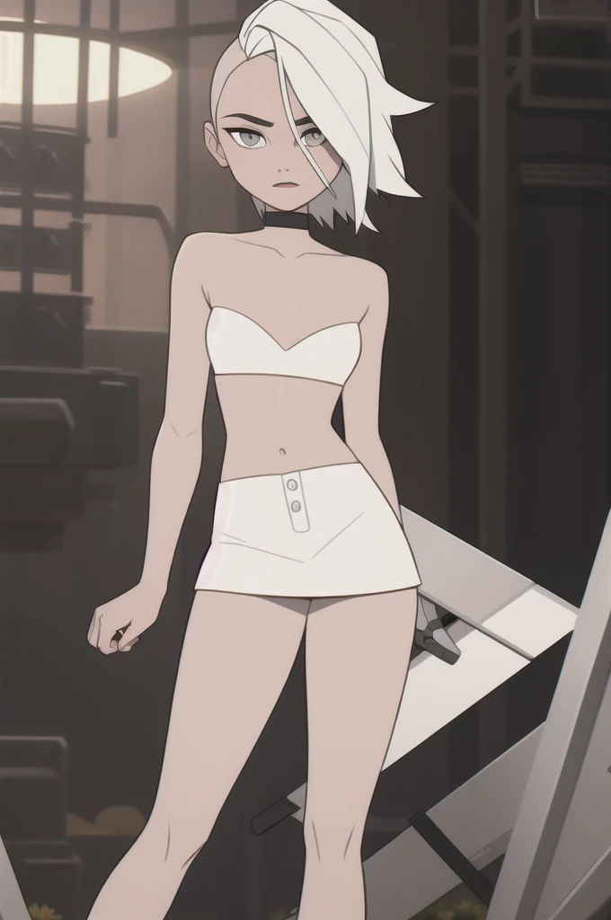 (dark theme:0.6), Glucose, 1 Girl, mature face, One, short hair, in a white bra, wearing white skirt, sexuality, Long legs, sexy legs, High growth, summer day, Sun, Flower Garden, wound, 1.2), White hair, pomade, decrease,  I look at the viewer, grey eyes, Sharp image, crop top, (HDR:1.22), bright acid colors, complex background, Hyper detailed, art [[Jordan Grimmer]]