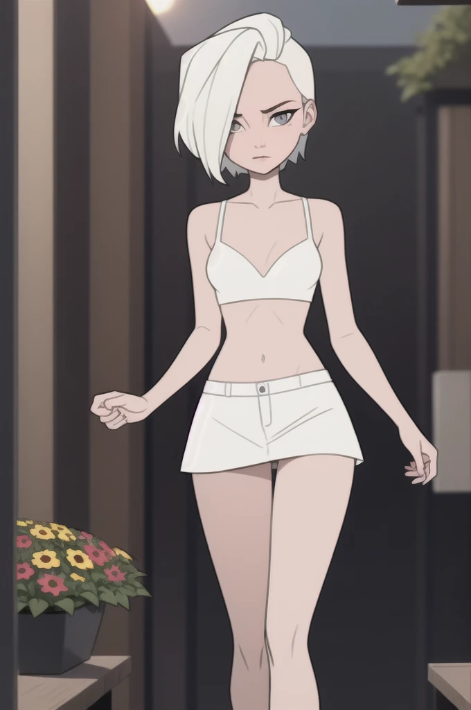 (dark theme:0.6), Glucose, 1 Girl, mature face, One, short hair, in a white bra, wearing white skirt, sexuality, Long legs, sexy legs, High growth, summer day, Sun, Flower Garden, wound, 1.2), White hair, pomade, decrease,  I look at the viewer, grey eyes, Sharp image, crop top, (HDR:1.22), bright acid colors, complex background, Hyper detailed, art [[Jordan Grimmer]]