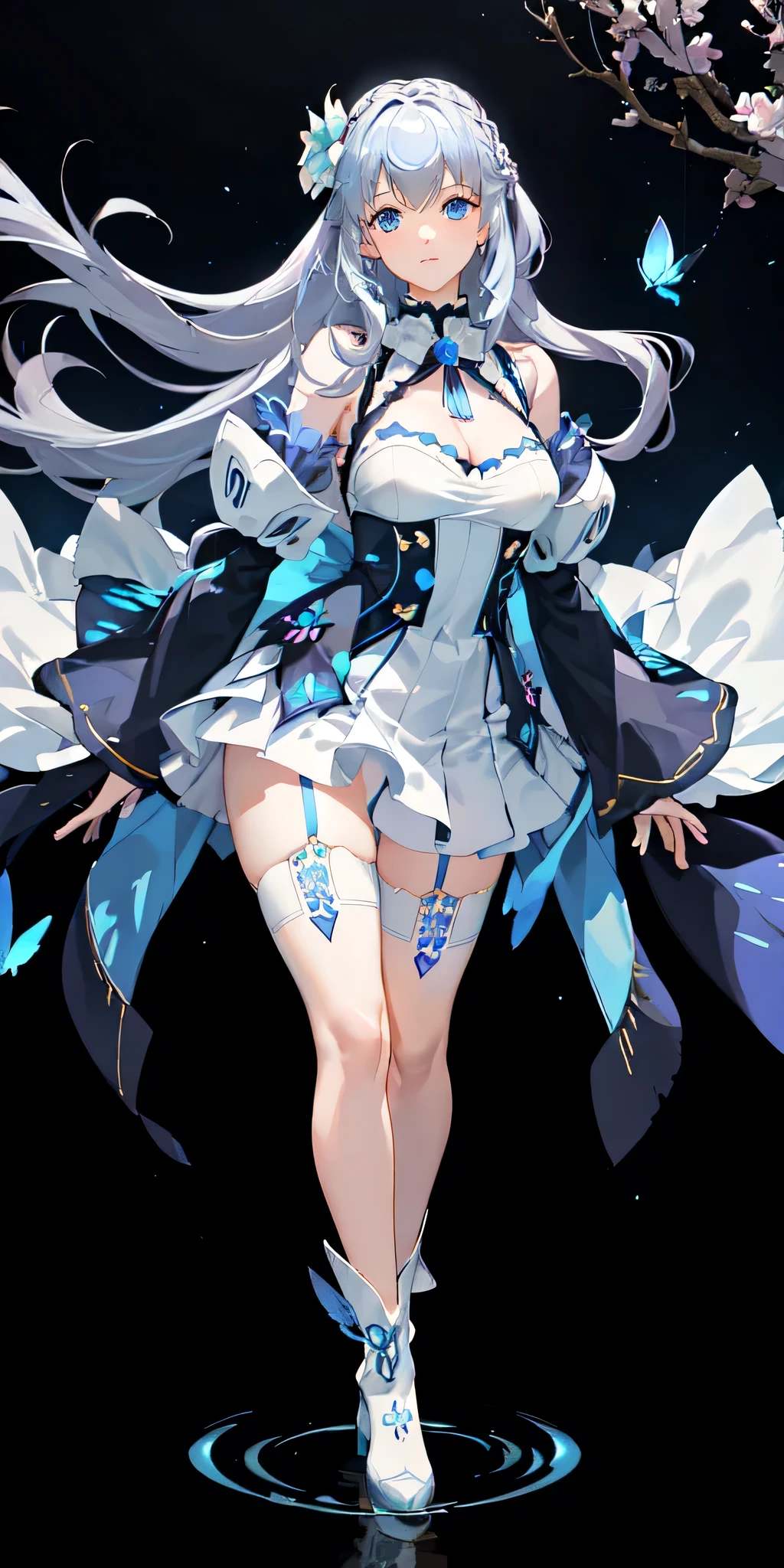 (Overhead view),dynamic angle,ultra-detailed, illustration, close-up, straight on, 1girl, (fantasy:1.4), (azure blue eyes:1.233),Her eyes shone like dreamy stars,(glowing eyes:1.233),(beautiful and detailed eyes:1.1),(Silver hair:1.14),(messy hair,very long hair,french braid,hair between eyes,sidelocks), (+(bule hair flower:1.14)),(chiffon dress,bule flower pattern in uniform)/=(military uniform:1.24),(detached sleeves,wide sleeves),(fingerless gloves),choker,(miko thighhighs),High heeled boots,(expressionless,closed mouth),(standing), (classical Princess boudoir with dressing tableand french windowin a white ancient palaces),(white flowers,bloom),(abysmal sea),(flowing water),(a dull blue world tree:1.14),(ruins),(night:1.2),dreamy,soul,(fluorescence),(flying translucent blue butterflies:1.15), [[delicate fingers and hands:0.55]::0.85],(detail fingers),(yubao:0.5),