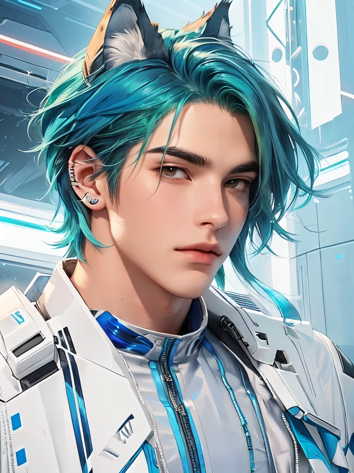 a boy with blue hair and green hair,  wolf ear, futuristic suit, light neon suit, alpha male