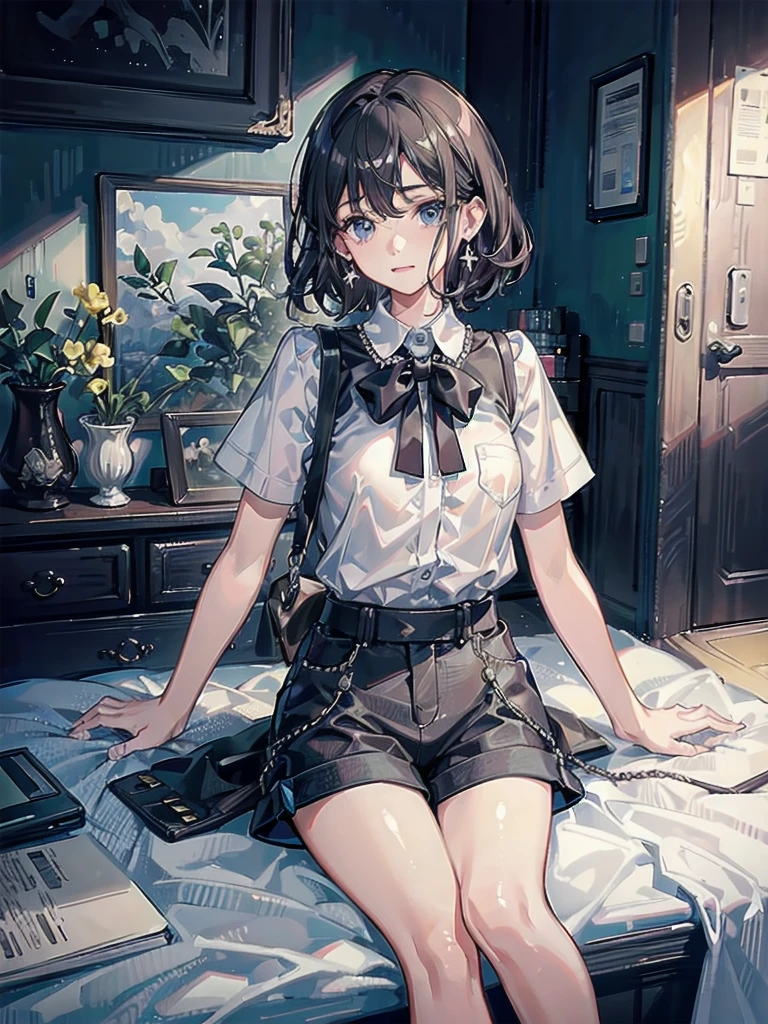 absurdres, RAW photo, extremely delicate and beautiful, masterpiece, Best Quality, ultra high resolution, 32k, hyperrealistic, ultra-detailed, perfect figure, tearful mole, earring, full body shot, short medium hair, wavy hair, collared button-down shirt, shorts,