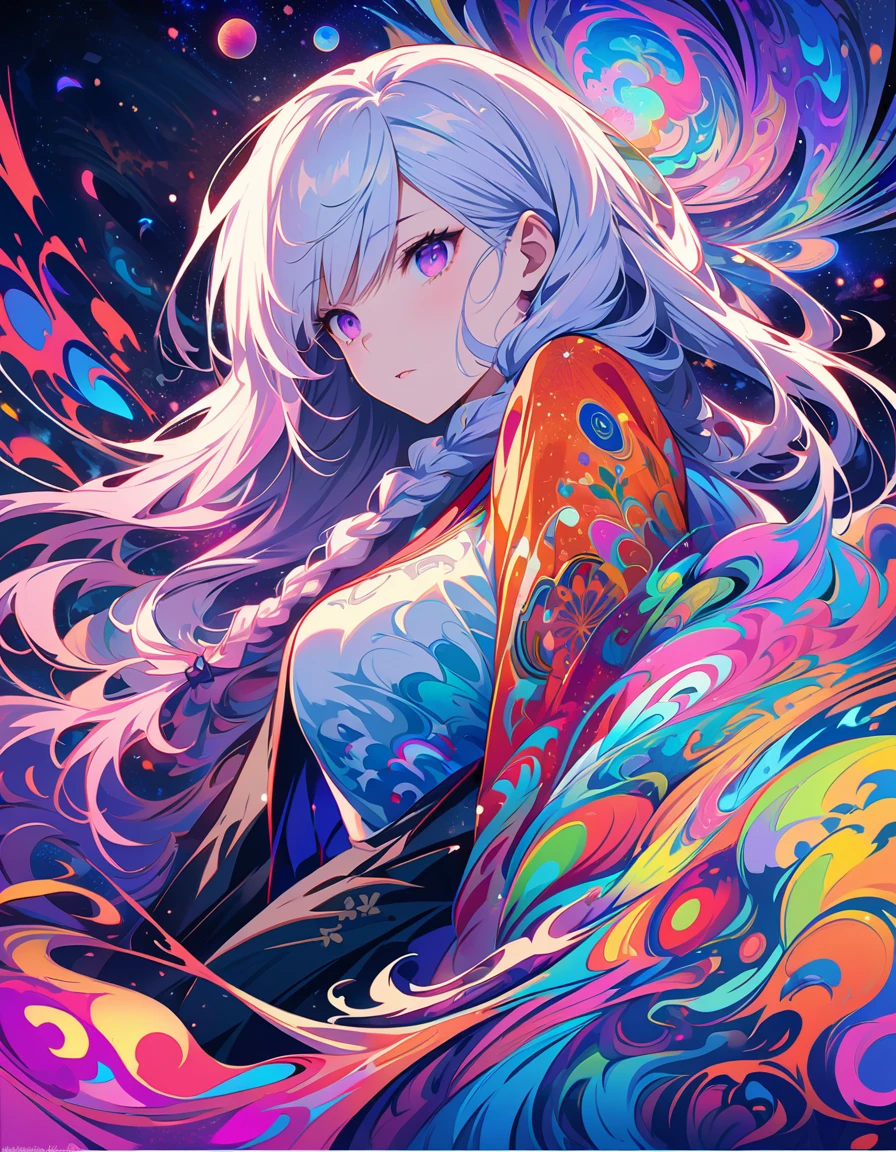realist, (masterpiece, best quality, official art, beauty, Gothic, Tokyo Ghoul style: 1.2), Very detailed, fractal art, Gorgeous, More detail, Zentangle, (Atmospheric, cosmic, Psychedelic, dreamlike, fear, abstract background: 1.5), (Back-to-back), yinji, purple hair, purple eyes, long hair, white hair, double braids, gradient hair, Japanese folk style clothing
