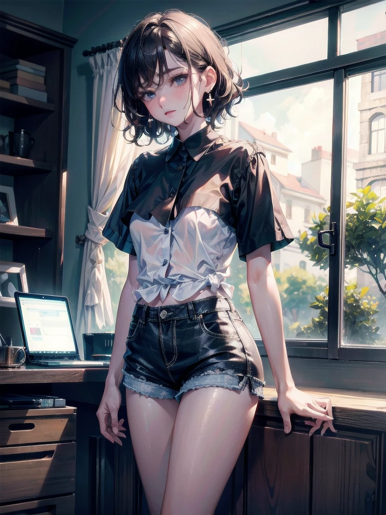absurdres, RAW photo, extremely delicate and beautiful, masterpiece, Best Quality, ultra high resolution, 32k, hyperrealistic, ultra-detailed, perfect figure, tearful mole, earring, full body shot, short medium hair, wavy hair, collared button-down shirt, shorts,