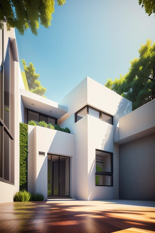 arafed view of a modern house with a large courtyard, render to resolute perfection, award-winning render, precise architectural rendering, high quality rendering, rendered in lumion pro, bright render, award winning render, professional render, architectural 3 d render, a photorealistic rendering, architectural render, high-quality render, all white render, quality rendering