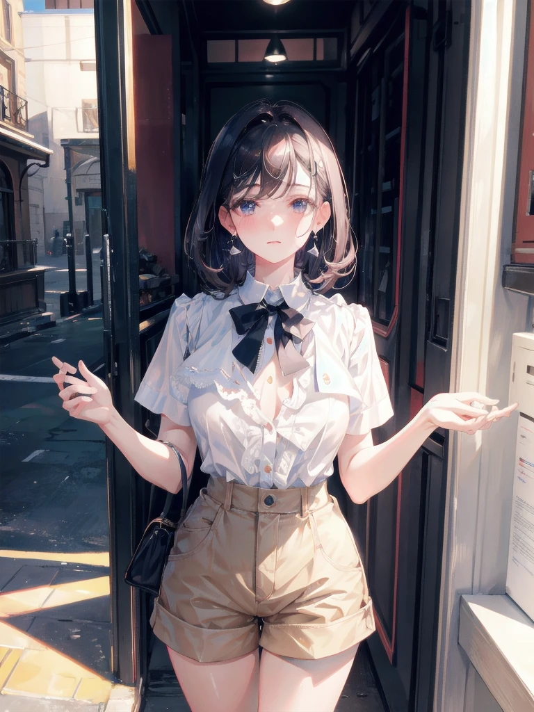 absurdres, RAW photo, extremely delicate and beautiful, masterpiece, Best Quality, ultra high resolution, 32k, hyperrealistic, ultra-detailed, perfect figure, tearful mole, earring, full body shot, short medium hair, wavy hair, collared button-down shirt, shorts,
