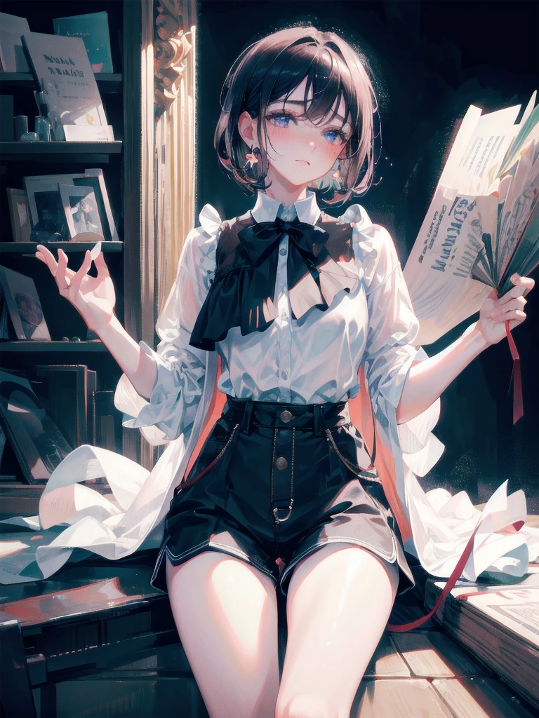 absurdres, RAW photo, extremely delicate and beautiful, masterpiece, Best Quality, ultra high resolution, 32k, hyperrealistic, ultra-detailed, perfect figure, tearful mole, earring, full body shot, short medium hair, wavy hair, collared button-down shirt, shorts,