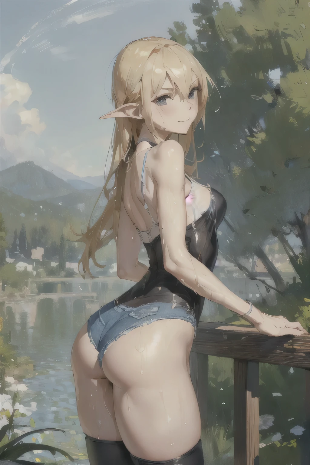 Girl Doll,Solitary,rest,((Buttocks display)),(The zipper is not closed),Blonde,elegant,Pointed ears,whole body,Chinese element pattern,thigh,(((Leaking thigh))),full,camisole,(triangle denim shorts),stocking,leggings,(Brushstrokes,Impressionism,painting,Rich scenery),Disheveled,Chest contour,(((Wet clothing))),(((Ultra-thin clothing))),((Flesh outline)),Grinning