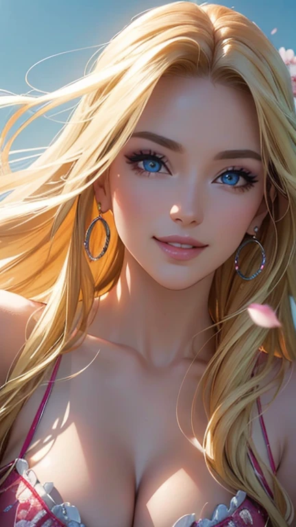 (best quality,ultra-detailed,photo-realistic:1.37),bright and vibrant colors,studio lighting,playful expression,stylish makeup,long blonde hair flowing in the wind,alluring eyes,glossy lips,sexy pose, Cherry Blossom, smiling in a confident and seductive way,posing for a professional photoshoot,shallow depth of field,highlighting the main subject,soft natural lighting,creating a dreamy and magical atmosphere.