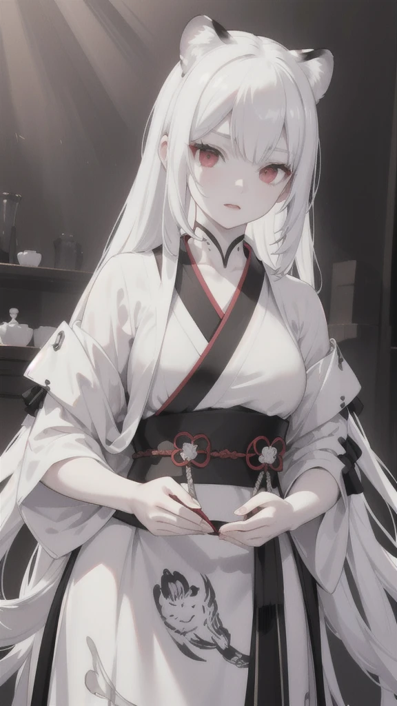 a white-haired girl with red eyes, wearing a black and white tiger pattern Hanfu armor, holding a black and white dagger, (best quality,4k,8k,highres,masterpiece:1.2),ultra-detailed,(realistic,photorealistic,photo-realistic:1.37),intricate details,extremely detailed face and eyes,porcelain skin,elegant pose,dramatic lighting,dark fantasy,cinematic composition,high contrast,chiaroscuro