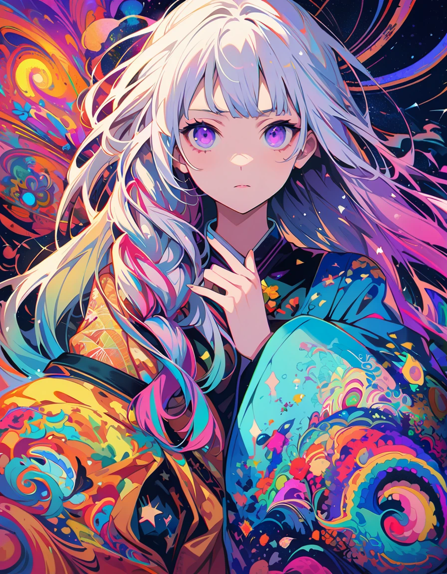 realist, (masterpiece, best quality, official art, beauty, Gothic, Tokyo Ghoul style: 1.2), Very detailed, fractal art, Gorgeous, More detail, Zentangle, (Atmospheric, cosmic, Psychedelic, dreamlike, fear, abstract background: 1.5), 2 girs lBack-to-back, yinji, purple hair, purple eyes, long hair, white hair, double braids, gradient hair, Japanese folk style clothing