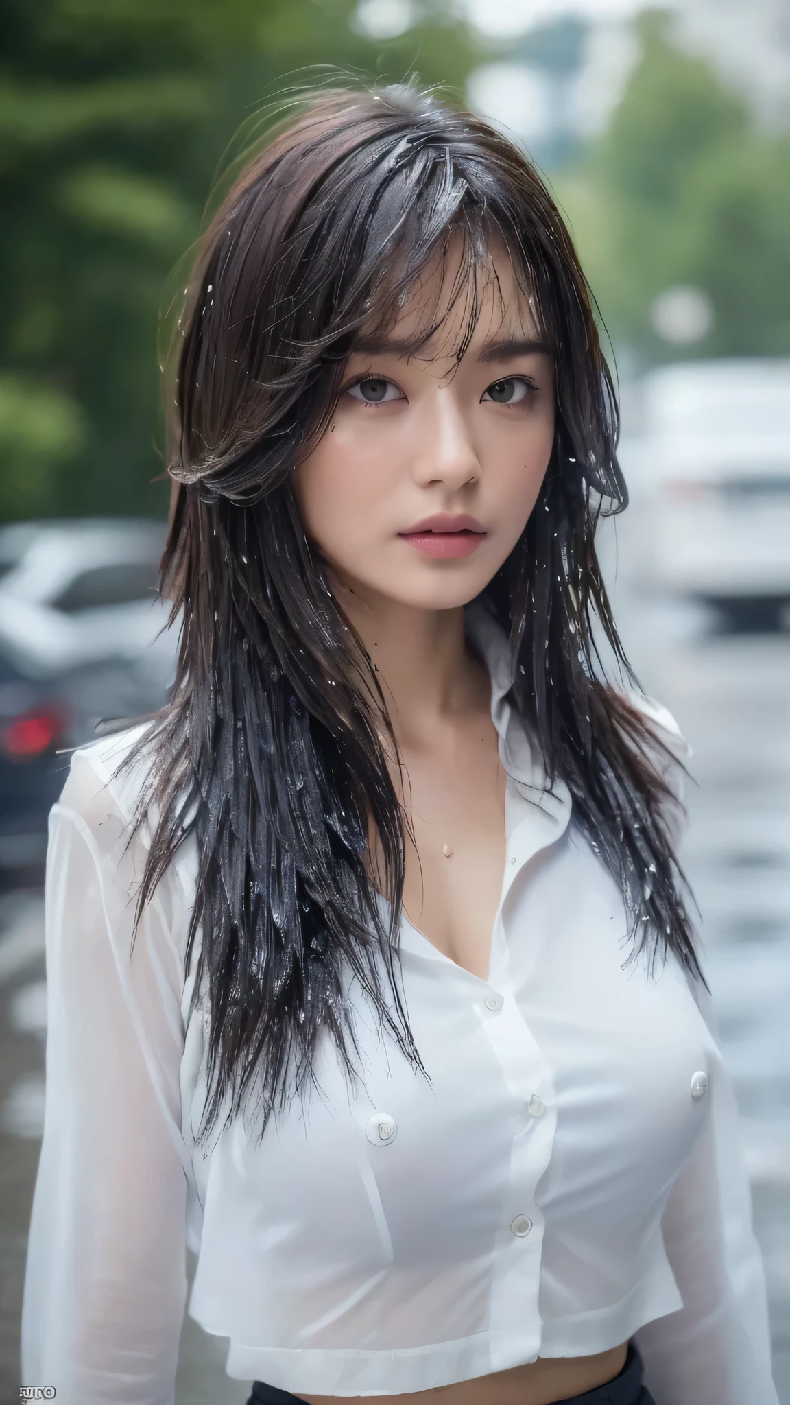 ((Best Quality, 8K, Masterpiece: 1.3)), Sharp: 1.2, Perfect Body Beauty: 1.4, Slim Abs: 1.2, ((Layered Hairstyle, Big Breasts: 1.2)), (Wet White Button Long Shirt: 1.1), (Rain, Street: 1.2), Wet: 1.5, Highly detailed face and skin texture, detailed eyes, double eyelids, side face looking at the camera