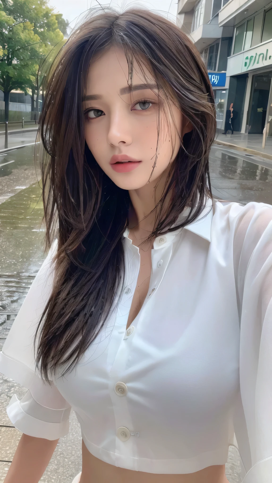 ((Best Quality, 8K, Masterpiece: 1.3)), Sharp: 1.2, Perfect Body Beauty: 1.4, Slim Abs: 1.2, ((Layered Hairstyle, Big Breasts: 1.2)), (Wet White Button Long Shirt: 1.1), (Rain, Street: 1.2), Wet: 1.5, Highly detailed face and skin texture, detailed eyes, double eyelids, side face looking at the camera