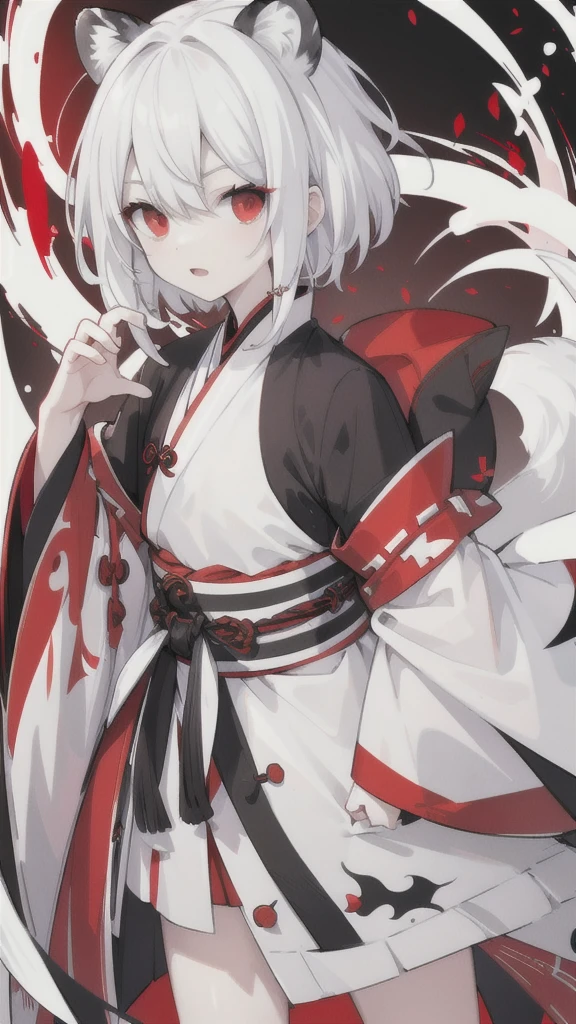 Short white hair,Red eyes,Black and white tiger pattern Hanfu armor,Black and white dagger
