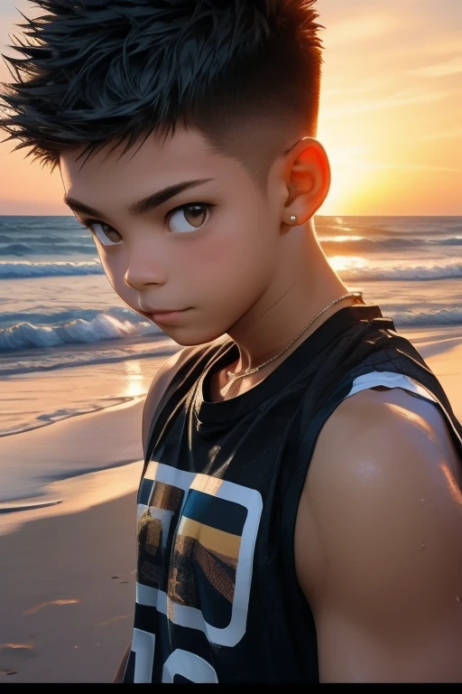 beach, sunset light, side lighting, 2boys, kiss, 18 years old, T-shirt, sleeveless, Short spiked hair, crew cut hair, Cute, Young, Asian,