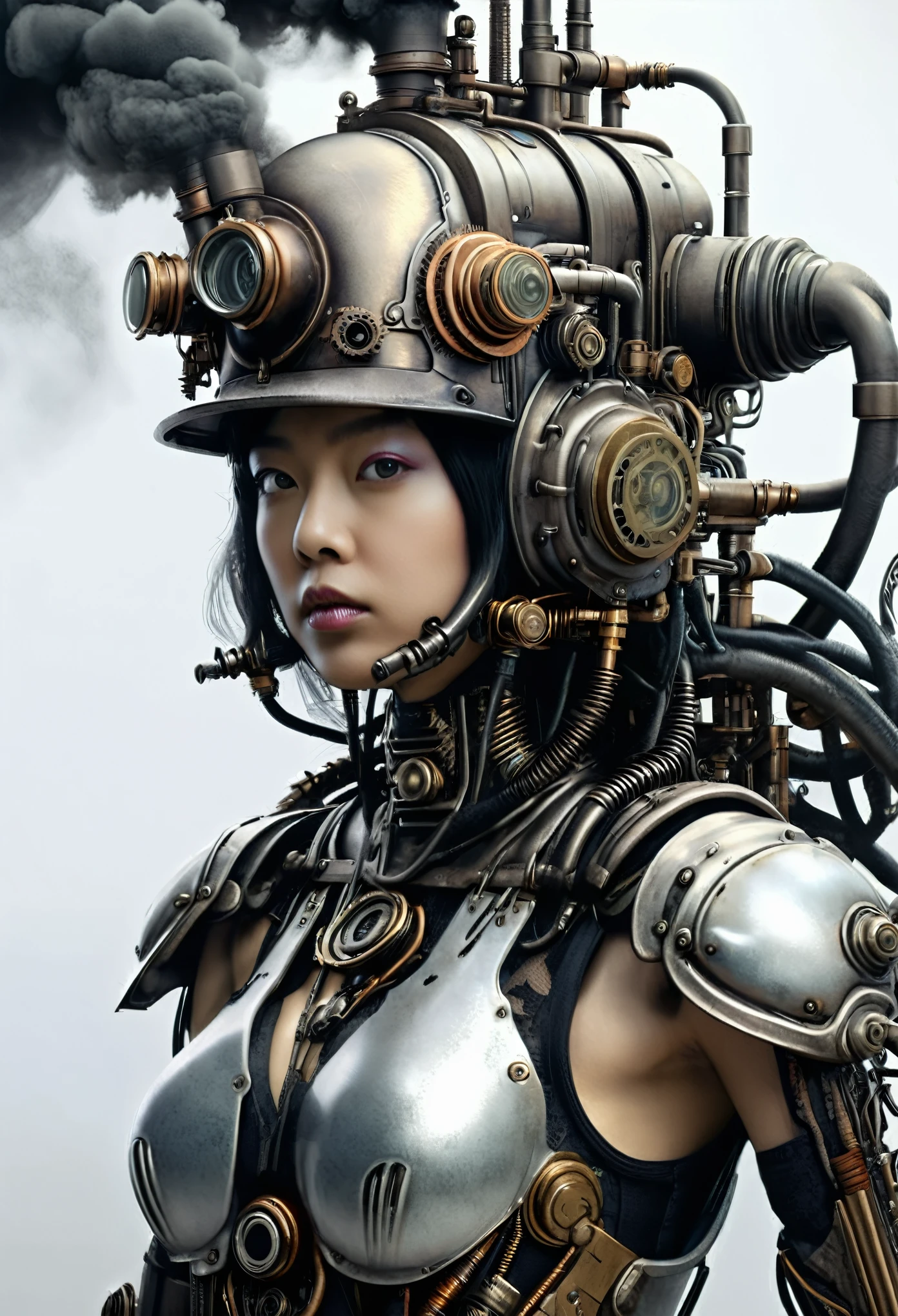 ohwx japanese women, a steam punk cyborg, front view, white background, unreal engine, inspired by HR Giger, half body portrait, highly detailed, photo realistic, cinematic, movie still, captured in the style of Sony Alpha A7 III camera