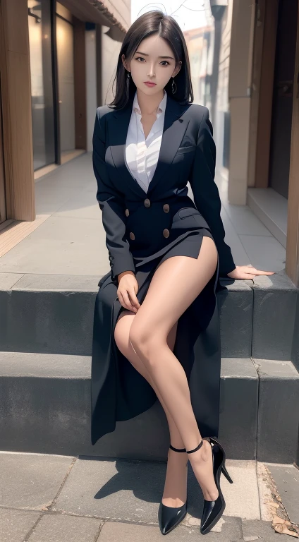 ((highest quality、Ultra-high resolution、8K、masterpiece、Ultra HD))、1 girl 、Delicate face、Detailed eyes and face、double eyelid、Pretty Face、Brown short bob hair、Heavy makeup、Tall and beautiful woman、Long, slender legs、Narrow waist、Mature Woman、Glamorous and sexy woman、(Collared shirt、Blue satin pencil skirt)、pantyhose、High heels、Cleavage、Sitting with legs crossed、Modern architecture in the background、Detailed Background、Adorable、Smile、Earrings、necklace、bracelet