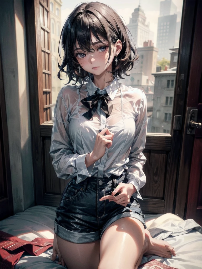 absurdres, RAW photo, extremely delicate and beautiful, masterpiece, Best Quality, ultra high resolution, 32k, hyperrealistic, ultra-detailed, perfect figure, tearful mole, earring, full body shot, short medium hair, wavy hair, collared button-down shirt, shorts,