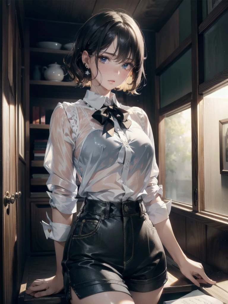 absurdres, RAW photo, extremely delicate and beautiful, masterpiece, Best Quality, ultra high resolution, 32k, hyperrealistic, ultra-detailed, perfect figure, tearful mole, earring, whole body shot, short medium hair, wavy hair, collared button-down shirt, blazer, skirt,