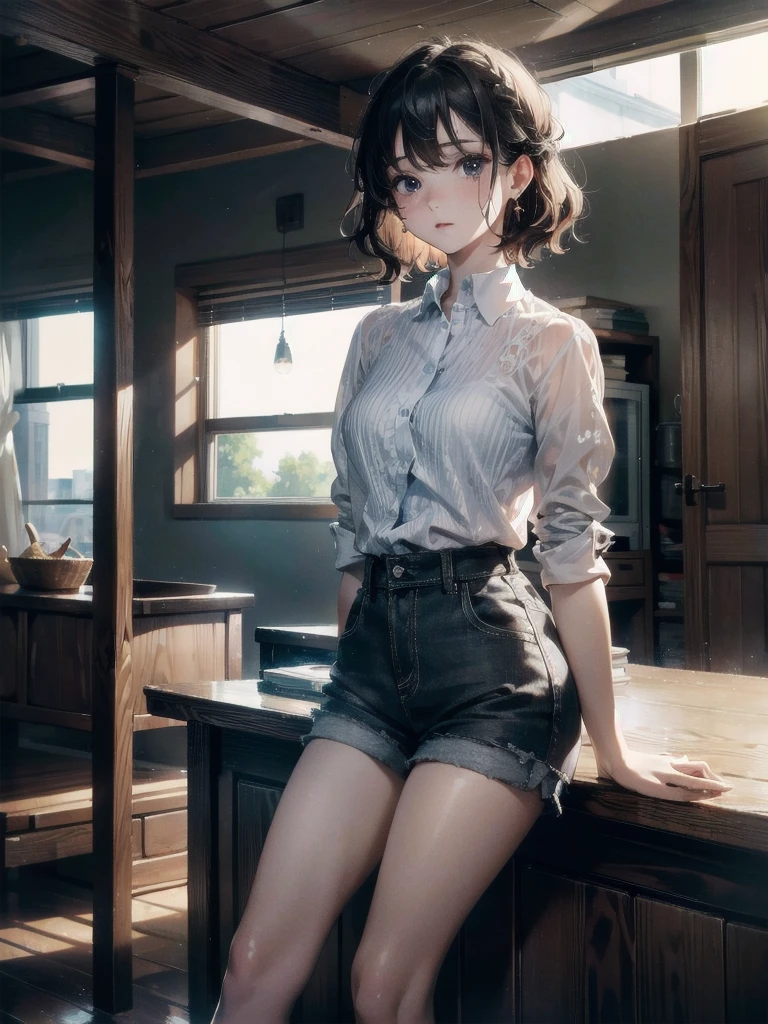 absurdres, RAW photo, extremely delicate and beautiful, masterpiece, Best Quality, ultra high resolution, 32k, hyperrealistic, ultra-detailed, perfect figure, tearful mole, earring, full body shot, short medium hair, wavy hair, collared button-down shirt, shorts,