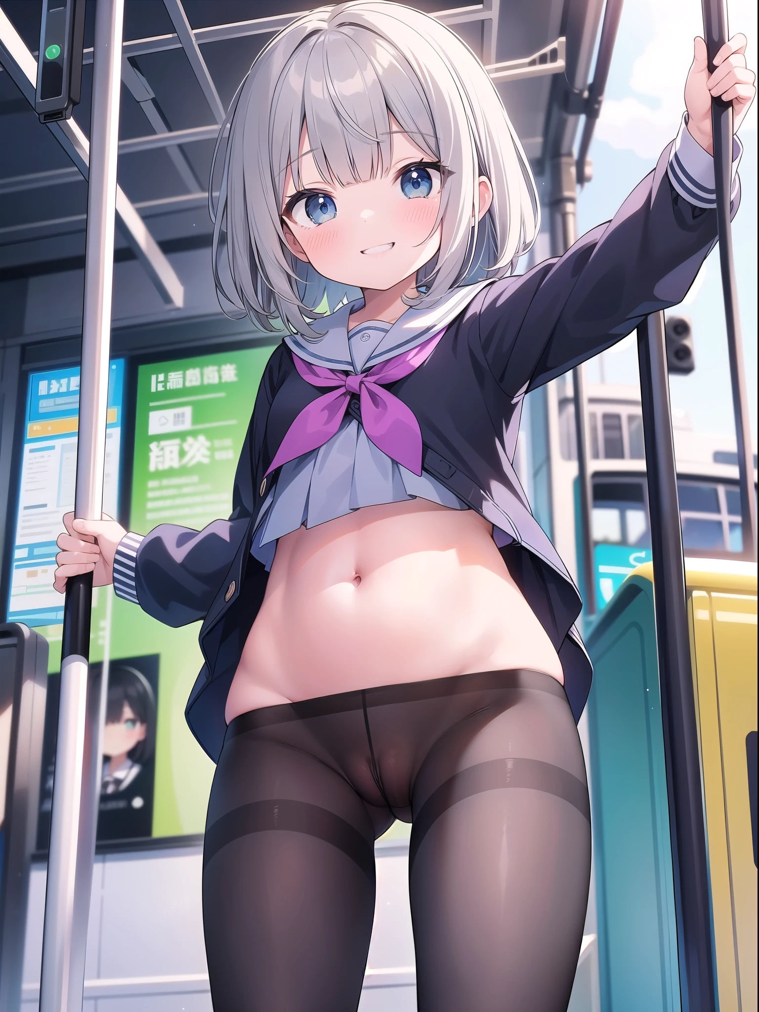 Elementary school girl,No pants,A crowded city tram,belly button,Pussy,Pussy, clitoris, crotch, vagina,Grey Hair,Grinning face,Selfie,Pantyhose