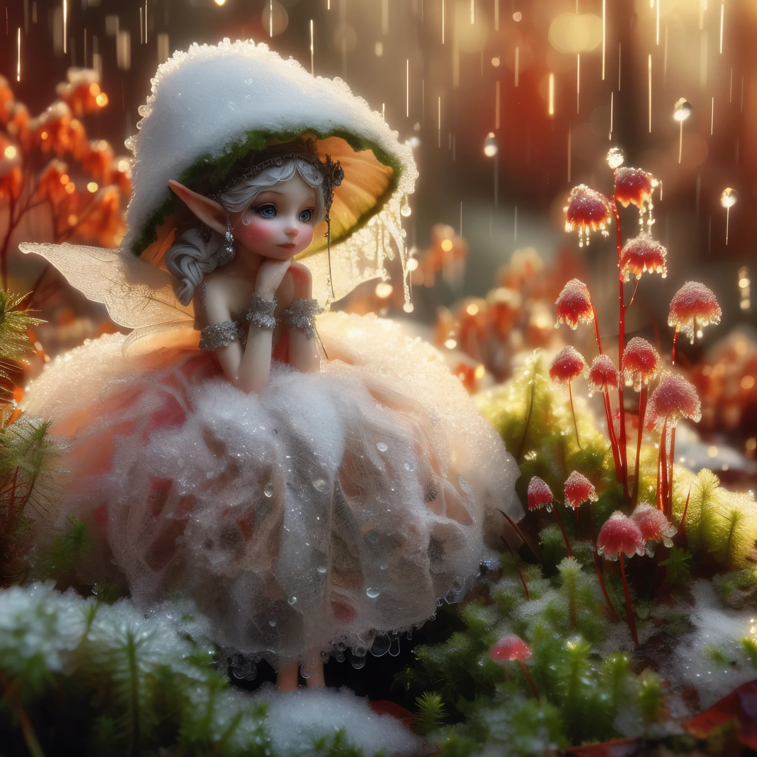 Winter Queen beautiful Swedish lady wearing a gaussian gown made of snow, a diminutive gently crying pixie with tears as big as dew drops sitting in the rain on a leaf covered by moss under a large flower with a hole in it where rain gets in, rainy forest background, tiny flowers, sparkling with dew and rain drops, red orange and yellow colors through dappled sunlight