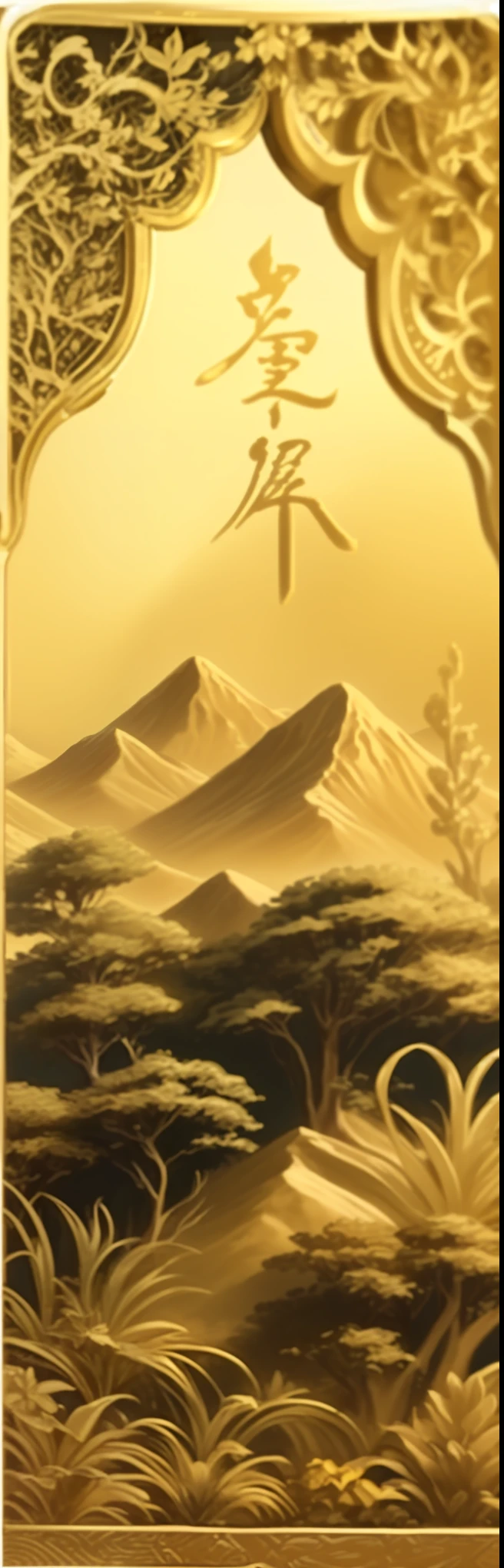 Close-up of a golden plate with a mountain pattern, Golden Holy Tree, Golden Mountain in the Desert,river，Gold Theme, Dark Theme，Mountains in the background, extended art, Golden hour background, Inspired by Huang Shen, Detailed scenery, 8k high quality detailed art, exotic，Endless horizon,  Smooth Utopian Design，Oriental Aesthetics，Rich in details，best quality，HD Art