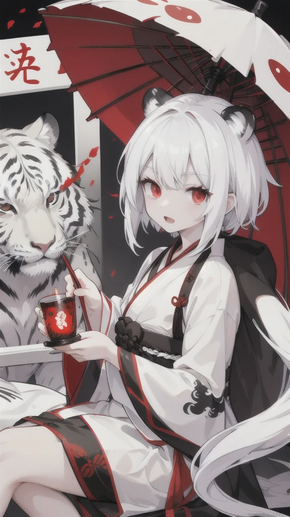 Short white hair，Red eyes，Black and white tiger pattern Hanfu armor，Black and white dagger