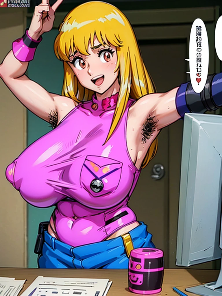 (Reiko Akimoto), (sleeveless, pink police uniform), embarrassing big smile, (masterpiece, best quality), delicate illustration ultra-detailed, sagging gigantic huge breasts, (in police box, counter desk, crowded), ((showing hairy armpit hair)), (upper body only), sweating, hand behind head, stomach hair, bukkake, cum shot, hentai atmosphere, blonde,