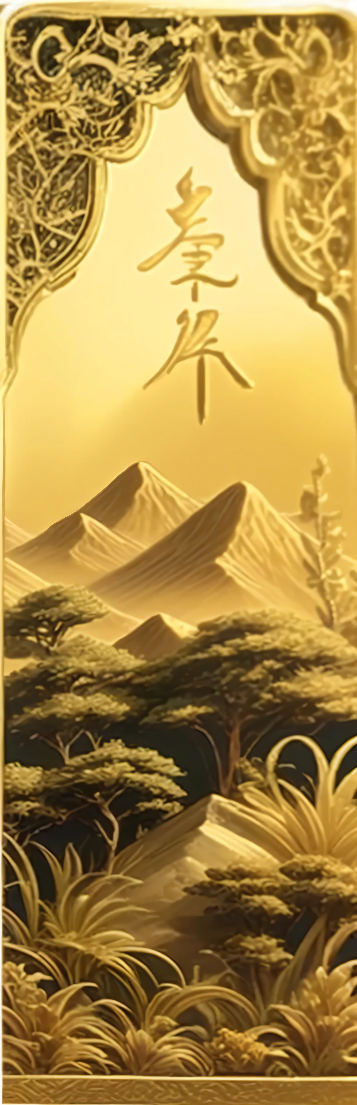 Close-up of a golden plate with a mountain pattern, Golden Holy Tree, Golden Mountain in the Desert,river，Gold Theme, Dark Theme，Mountains in the background, extended art, Golden hour background, Inspired by Huang Shen, Detailed scenery, 8k high quality detailed art, exotic，Endless horizon,  Smooth Utopian Design，Oriental Aesthetics，Rich in details，best quality，HD Art