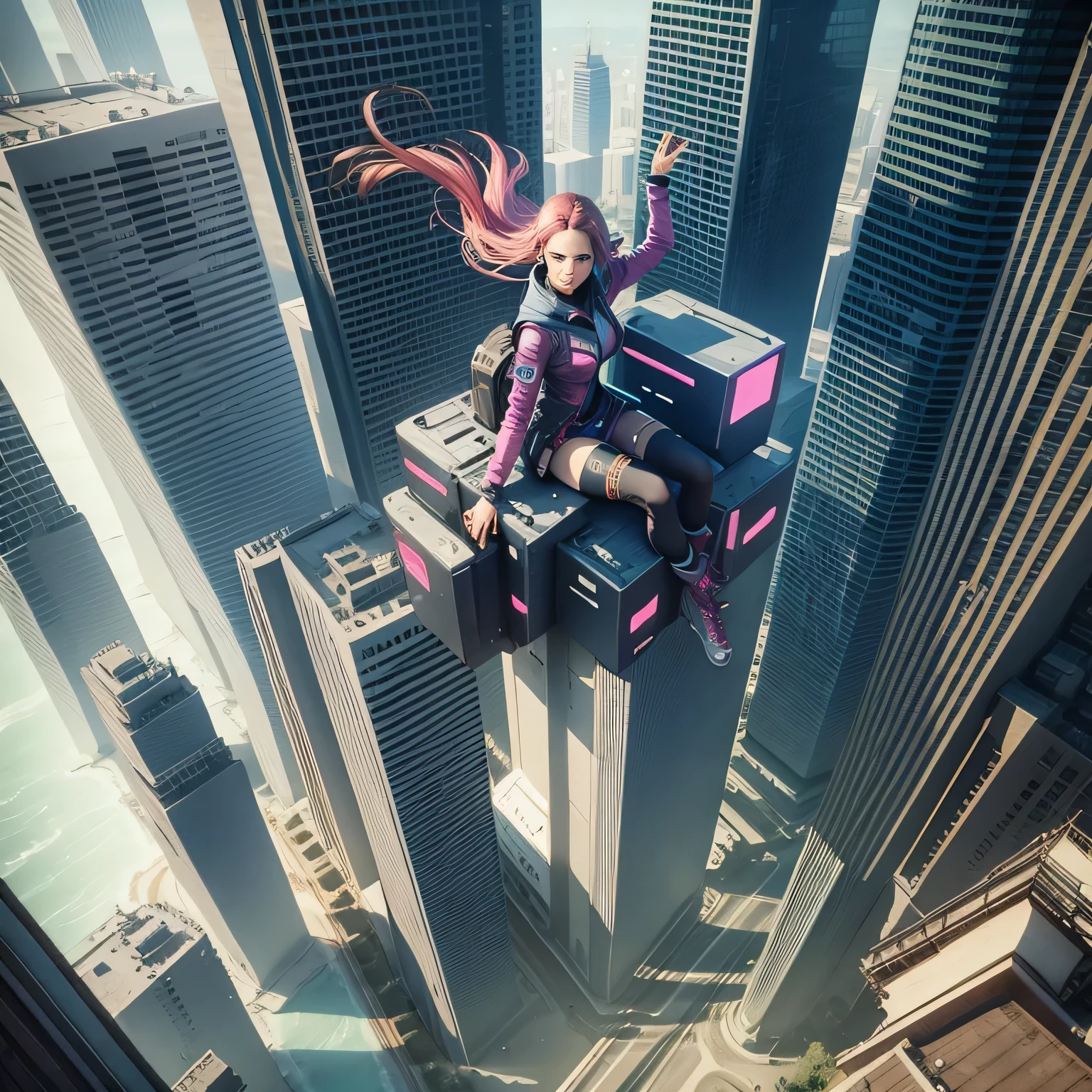 Cyberpunk City, a girl floating in the air, a cute 18-year-old girl, the sea below,
