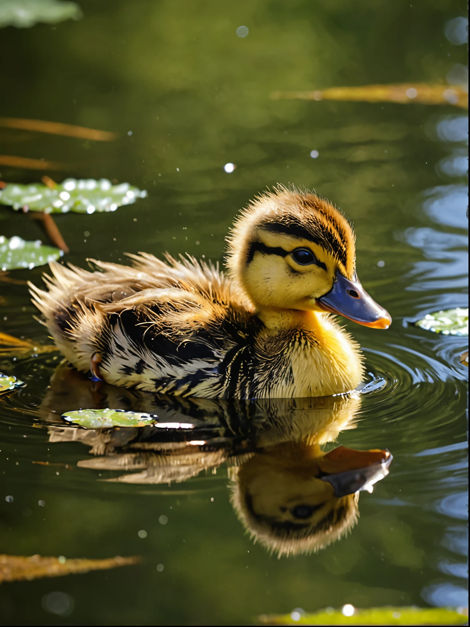 (best quality, 4k, 8k, highres, masterpiece:1.2), ultra-detailed, (realistic, photorealistic, photo-realistic:1.37), vivid colors, young duckling, playful expression, glistening feathers, bright yellow beak, soft downy feathers, reflective water surface, sparkling sunlight, serene pond, lush greenery, clear blue sky