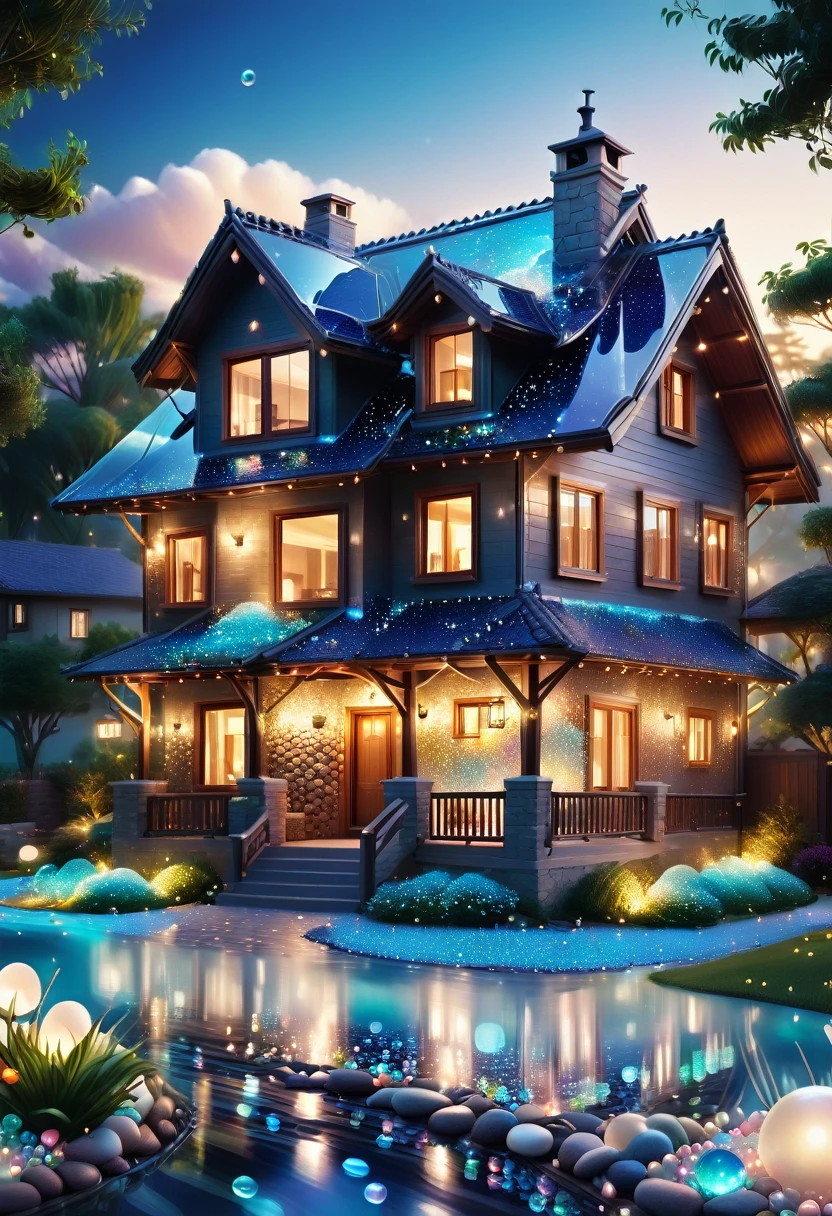 cozy house+landscape made of the transparent pearl pebbles;
luminous;
detailed professional photo