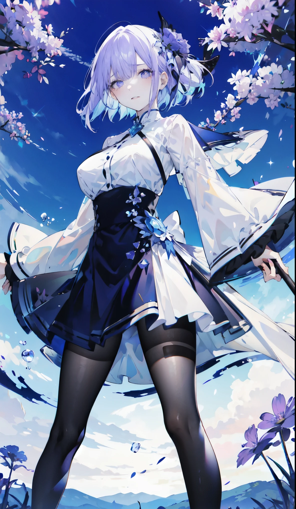 ((masterpiece:1.4,best quality)),(Super detailed),(Extremely detailed eyes),(Black leggings,Shiny socks:1.5),Hello Darkness
((Sexy Girl,Large Breasts)),(Blood-red pupils,Diamond-shaped pupil:1.15),Purple Eyeshadow,(Elongated hair,Thick hair,shiny hair:1.5)(Variza:1.2),Fair skin,despair,Grief,Empty eyes,Tears streaming down my face,tilt head to one side,Kneel down
(She wears blue armor,Tight cheongsam,:1.5),Very long plush sleeves,White,White Cloud,Dream bubbles ,Ice and glitter effects
(Black long skirt:1.1),
(dawn:1.2),
(Intense black and white:1.16),(Depth of Field:1.4),,Intricate details,(Sky Castle,Standing on the lake,Purple flowers by the lake)