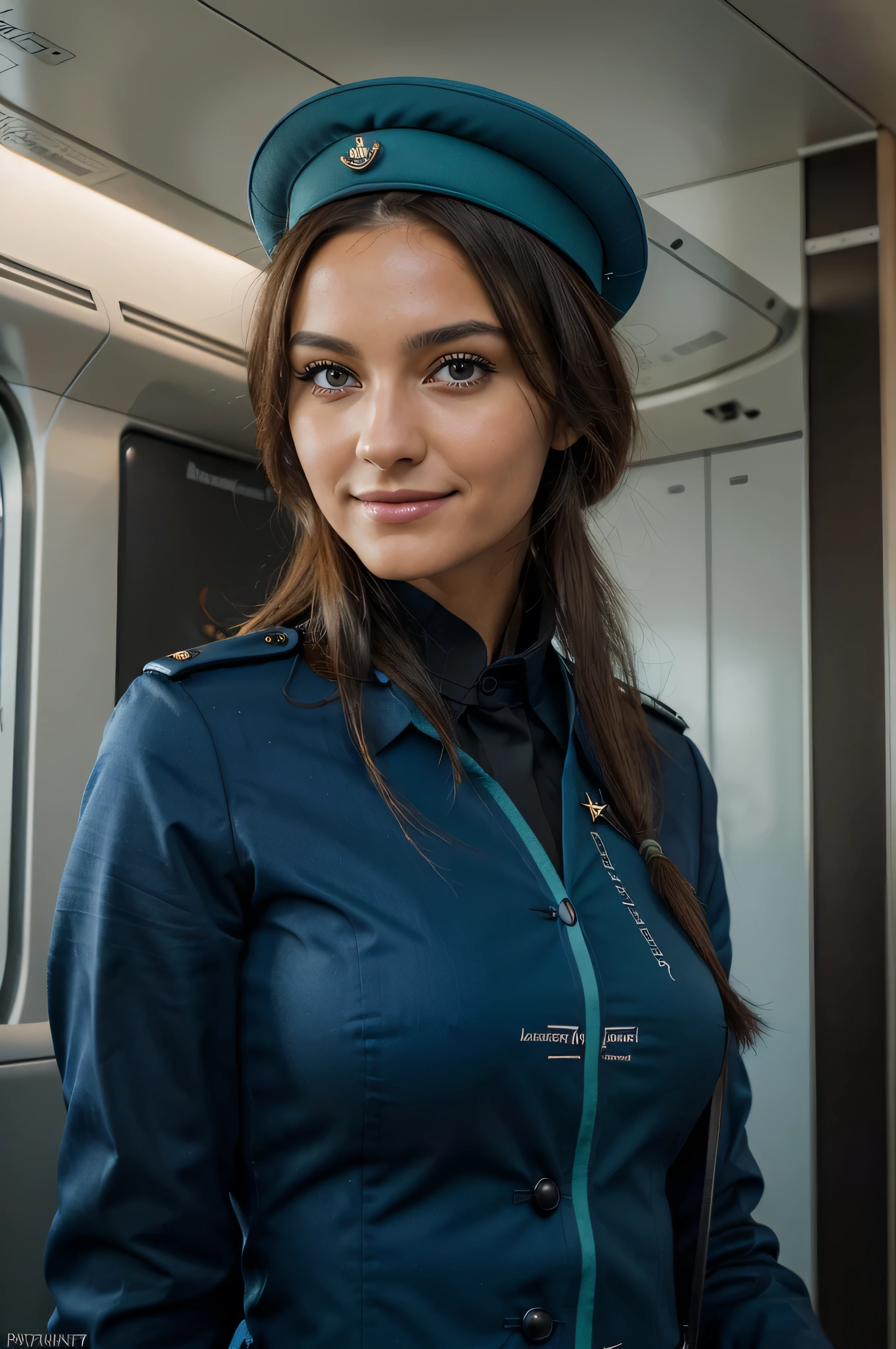 a Spanish tanned brunette woman, Allein, 20 Jahre alt, hyperdetailliertes Gesicht, Detaillierte Lippen, An eye for detail, beide Augen, fluffy green eyes, Wie eine Flugzeug-Stewardess, Gute Arbeit leisten, (Wie eine Flugzeug-Stewardess:1.2), (Gute Arbeit leisten:1.2), (Dunkelblaue einfarbige Stewardessenuniform:1.4), (Wear a cute little stewardess hat:1.2), (modest smile:1.2), ausschnitt, perfekter Bildrealismus, Hintergrund mit: (Gang der Business Class im Flugzeug:1.2), Akribischer Hintergrund, detailed costume, perfektes Litthing, Hyperrealismus, (fotorealistisch:1.4), Maximum resolution: 8K, (Meisterwerk), sehr detailliert, Fachmann Info