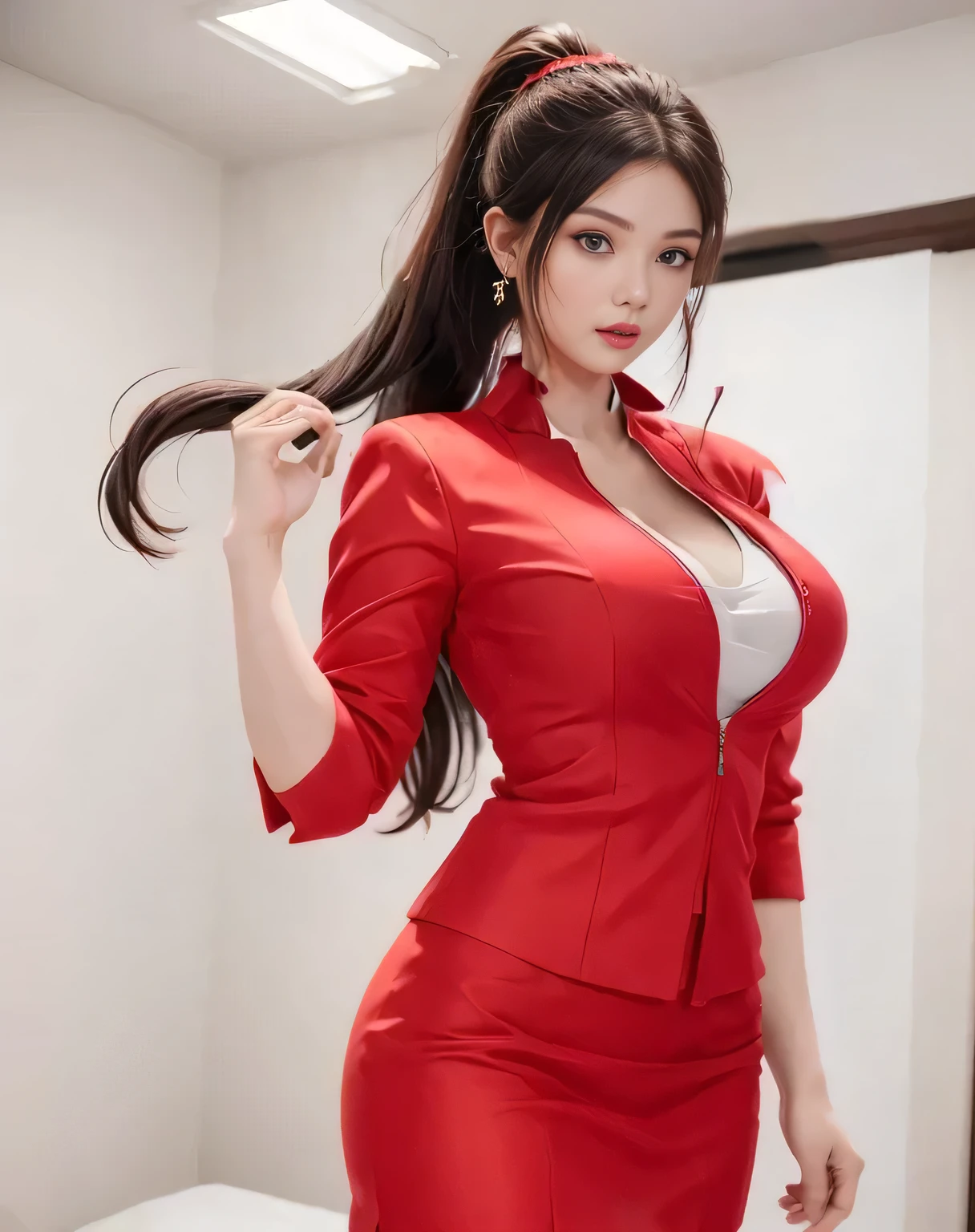 AirAsia red jacket uniform、Long hair down to the legs、Dark brown hair、Hair tied up、Tie your hair back in a ponytail、ponytail、Red rubber band、Luxury earrings、Captivating look、Blue Eyes、22 year old Asian female