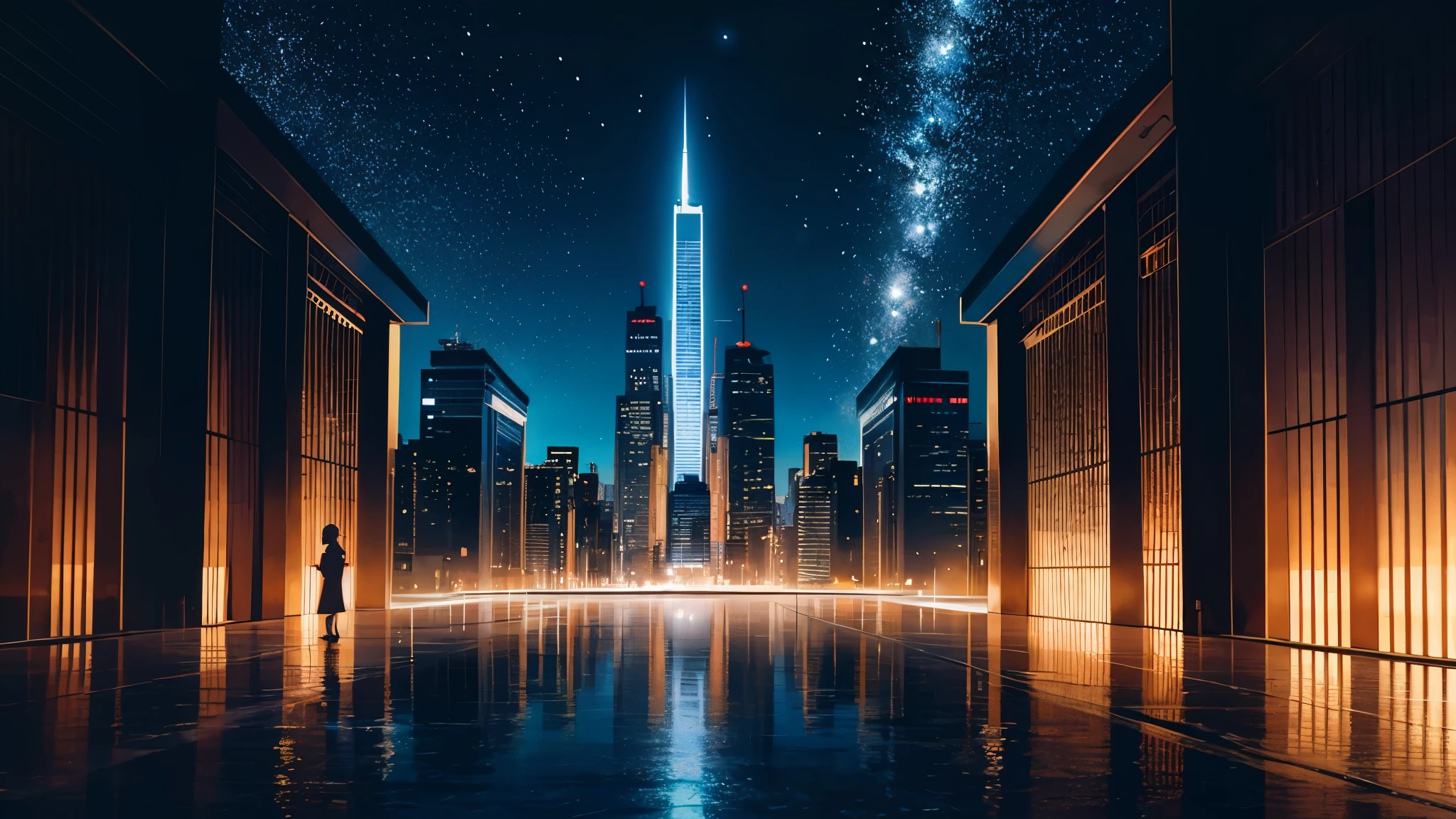 From the dizzying heights above, gaze upon a cityscape that seems to have sprung from the canvas of Makoto Shinkai's imagination. As if painted with delicate strokes of ethereal hues, this urban panorama captures the essence of anime allure, transporting viewers into a realm where reality and reverie intertwine, The skyline stretches like a celestial tapestry, where skyscrapers soar like towering guardians of dreams. Each edifice is adorned with intricate details, reminiscent of Shinkai's meticulous artistry, evoking a sense of wonder with every glance, Beneath the celestial canopy, streets pulse with life, resembling rivers of light weaving through the urban labyrinth. Neon signs flicker like stars in the night sky, casting a mesmerizing glow upon the bustling thoroughfares below, Through the lens of an aerial perspective, witness the city's heartbeat; a symphony of motion and stillness, chaos and harmony. It's a place where time seems to stand still, yet eternally in flux, much like the captivating worlds woven by Shinkai's storytelling prowess, Step into this ethereal metropolis, where every angle reveals a new facet of its beauty, and every moment resonates with the ephemeral magic of anime-inspired aesthetics.