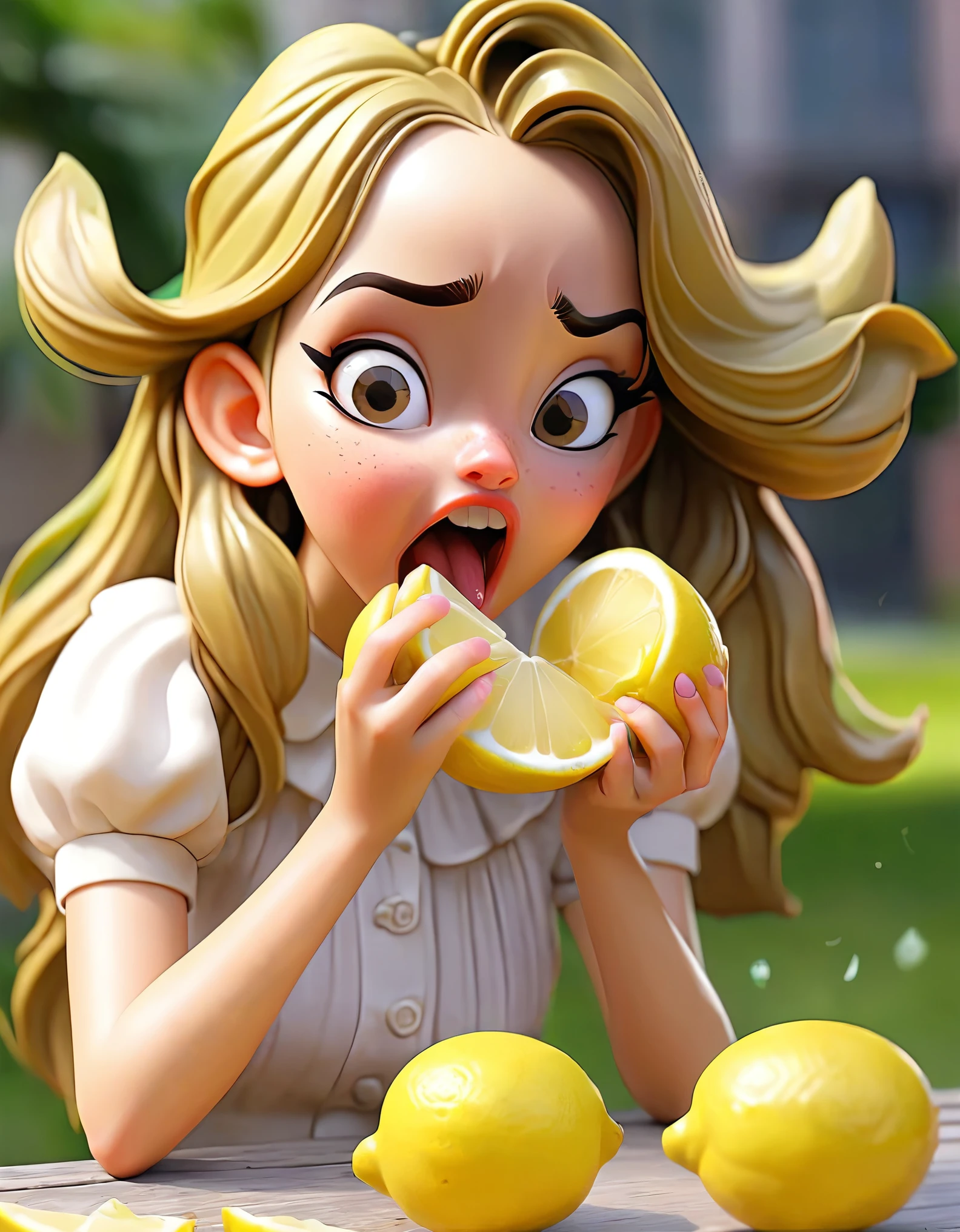 Lemon Eating Challenge, 1girl, holding lemon, lemon fruit, Eating lemon, Chewing Lemon, Sour!