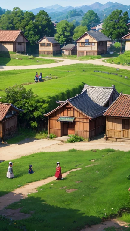 Villagers of various ages stand outside their houses, their faces filled with surprise and joy as they greet her. The asian woman Anya waves and smiles, her demeanor lighter and more confident than before. Traditional village houses and lush green fields fill the background. The anime style, focuses on the welcoming expressions of the villagers and Anya's newfound confidence.